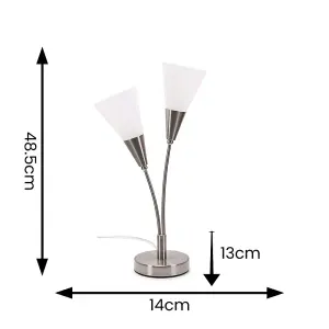 ValueLights Kristina Silver 2 Arm Table Lamp with White Frosted Glass Shades - LED Bulbs Included