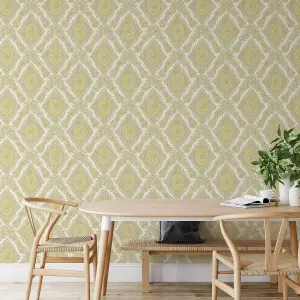 Wallquest Villa Rosa Damask Yellow Wallpaper Floral Classic Acrylic Coated