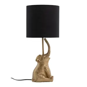 First Choice Lighting Elephant Gold Resin Table Lamp With Black Fabric Shade