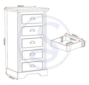 Toledo 5 Drawer Narrow Chest in White and Oak Effect Veneer