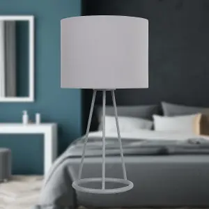 First Choice Lighting Tripod Silver Tripod Table Lamp with Ring Detail and Grey Fabric Shade