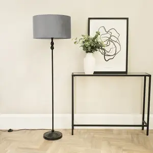 ValueLights Maggie Black Metal Candlestick Floor Lamp with Grey Velvet Lamp Shade and LED Bulb