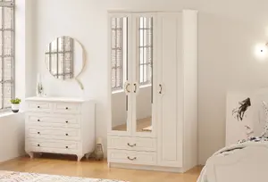 ANNE 3 Door 2 Drawer Mirrored White Wardrobe