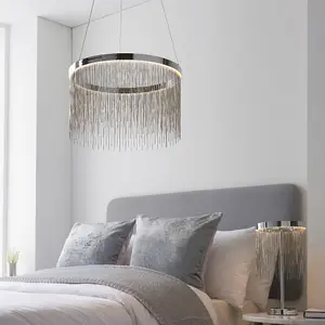 Circular Ceiling Pendant Light Fitting - Chrome Plate & Silver Waterfall Chains