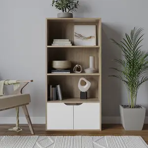 URBNLIVING Height 118Cm 4 Tier Wooden Bookcase Cupboard with Doors Storage Shelving Display Colour Oak Door White Cabinet Unit