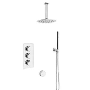 Flora Round 3 Way Concealed Thermostatic Shower Mixer Valve, Shower Head, Arm, Handset, Bath Filler Set Chrome