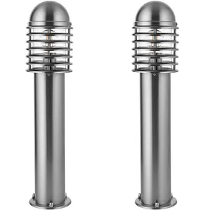 2 PACK Outdoor Post Bollard Light Polished Steel Vandal Proof External Pathway