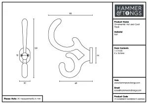 Hammer & Tongs - Ornamental Hat & Coat Hook - W30mm x H130mm - Raw