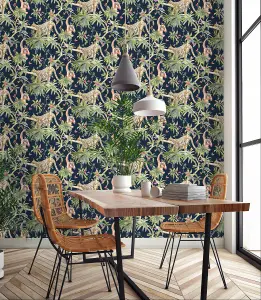 Holden Decor Jungle Animals Navy Tropical Smooth Wallpaper