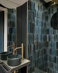 Top Ceramics Brick Deep Blue Gloss Metro Ceramic Wall Tile Flat Bumpy (L)250mm x (W)65mm Each box 0.82sqm