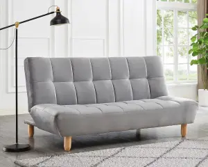 Macey 3 Seater Grey Velvet Recliner Clic Clac Wooden Legs Tufted Back Sofa Bed