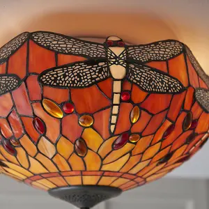 Tiffany Glass Semi Flush Ceiling Light Flame Dragonfly Inverted Shade i00045