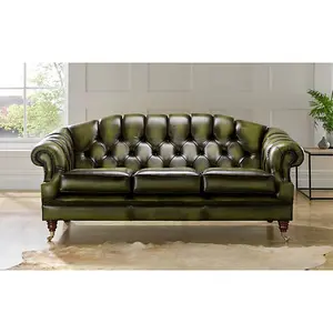 Chesterfield 3 Seater Antique Olive Leather Sofa Settee In Victoria Style