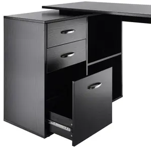 HOMCOM Computer Desk Table Workstation L Shape File Cabinet Black Home Office