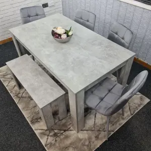 Grey Kitchen Dining Table, 4 Grey Tufted Velvet Chairs and 1 Bench Dining Set (140x80x75cm)