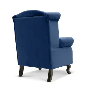 Velvet Wing Back Fireside Henley Chair Armchair with Buttons Blue