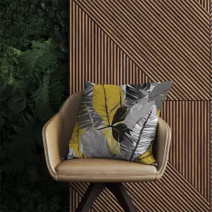 Grey Yellow Floral Leaves Outdoor Cushion 60cm x 60cm