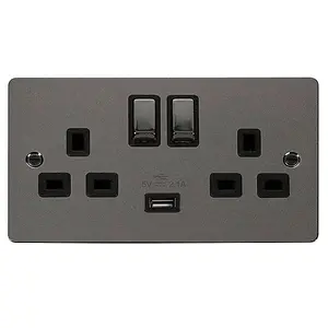 Flat Plate Black Nickel 2 Gang 13A DP Ingot 1 USB Twin Double Switched Plug Socket - Black Trim - SE Home