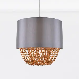 First Choice Lighting Set of 2 Grey Faux Silk & Copper Jewelled Ceiling Light Shades