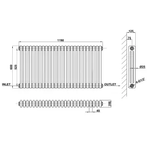 Horizontal White Triple Column Radiator (H) 600mm x (W) 1190mm, 7730 BTU.