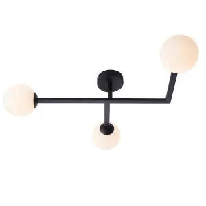 Matt Black Semi Fush Bathroom Ceiling Light & Opal Glass Shade - 3 Bulb Fitting