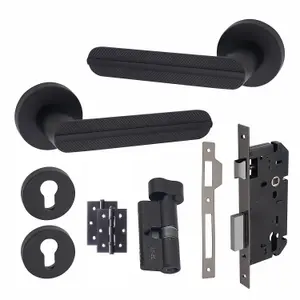 1 Pair Modern Lima Euro Lock Door Handles, 70mm Key & Thumbturn Barrell Matt Black Finish and Ball Bearing HInges - Golden Grace