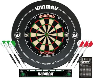 Winmau Professional Dart Set includes Diamond Plus Dartboard, Black Surround, 2 Sets of Darts, Official Oche Line