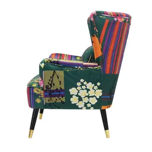 Fabric Green Patchwork Victoria Accent Wingback Chair