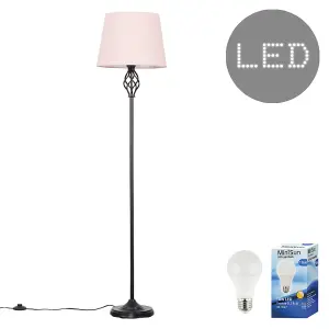 ValueLights Memphis Traditional Style Black Barley Twist Floor Lamp with Pink Tapered Light Shade - with LED GLS Bulb