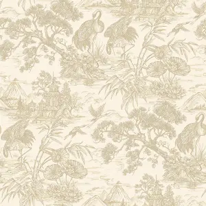 Holden Decor Crane Lagoon Cream Gold Wallpaper Floral Metallic Feature Wall