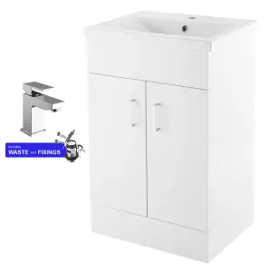 600mm Bathroom Vanity Unit White Cloakroom Two Door Basin Sink Cabinet & Chrome Tap Set