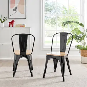 Furniturebox Set of 2 Black Colton Tolix Style Stackable Industrial Metal Dining Chair With Pine Seat