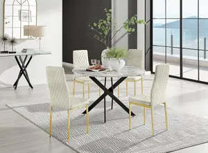 Furniturebox UK Novara White Marble Black Leg 120cm Round Dining Table & 4 Cream Velvet Milan Gold Leg Chairs