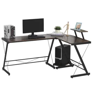 HOMCOM Industrial L Shaped Desk Round Corner Workstation for Home Office