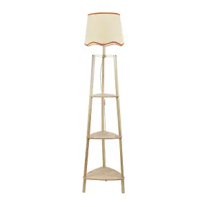 ValueLights Hiru 3 Tier Shelved Wooden Floor Lamp with Linen Rust Trim Scallop Tapered Shade