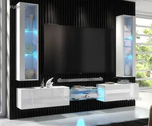 Furneo White Floating TV Unit High Gloss Matt Living Room Set Display Cabinets Art01/02 Blue LED Lights