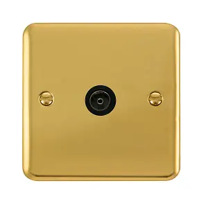 Curved Polished Brass 1 Gang Single Coaxial TV Socket - Black Trim - SE Home