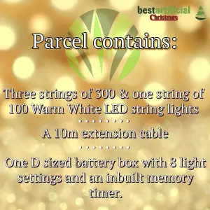 1000 Warm White LED's 100m/328ft Clear Cable BATTERY Power Connectable Indoor Outdoor Waterproof String Lights Garden Party