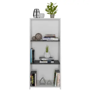 White Dallas low bookcase with 3 shelves, white & carbon grey oak effect