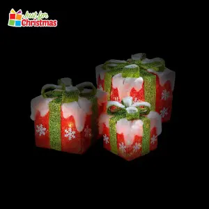 Set of 3 Light Up Christmas Present Parcels Decorations for Under the Tree - Red with Snow