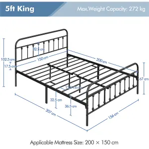 Yaheetech Black 5ft King Vintage Metal Bed Frame with High Headboard and Footboard