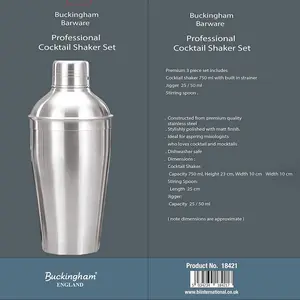 Buckingham Stainless Steel  Professional 3 pc Cocktail Shaker Set , Matt Finish