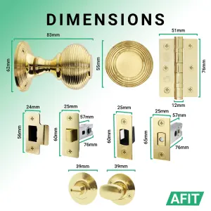 AFIT Beehive Door Knob Set Polished Brass - 1 Pair of Reeded Knobs (55mm), Latch & Deadbolt (76mm), Hinges (76mm) & Turn & Release