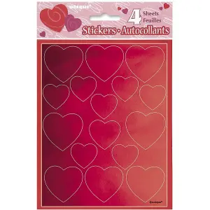 Unique Foil Hearts Sticker Sheet (Pack of 4) Red (One Size)