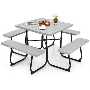 Costway 8 person Square Picnic Table Bench Set Outdoor Circular Table W/ 4 Benches & Umbrella Hole, Grey