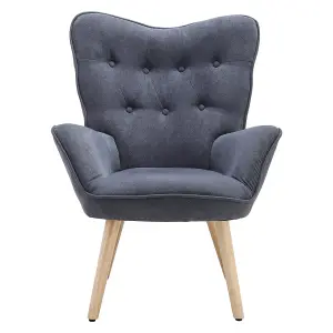 Elegant Grey Linen Tufted Back Armchair with Plush Cushioning and Natural Rubberwood Legs