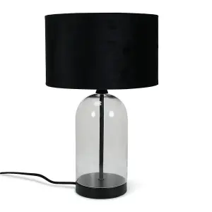 ValueLights Jessy Glass and Black Metal Bedside Table Lamp with a Black Velvet Lampshade - Bulb Included