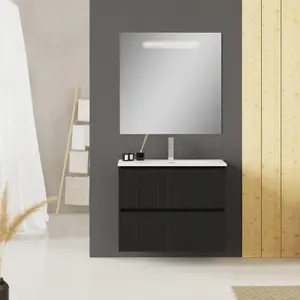 Banyetti Linea Matt Black Ribbed Double Drawer Wall Hung Vanity Unit 800mm x 390mm