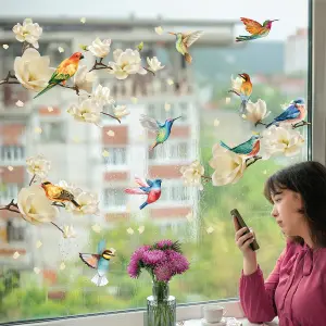 White Magnolia Flowers with Birds Spring Window Clings