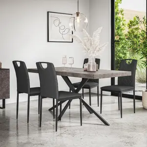 Donni Dining Table And Chairs -  Concrete Effect Table Top w Black Legs + Monza Linen Dining Chair Set Of 4 (Charcoal)